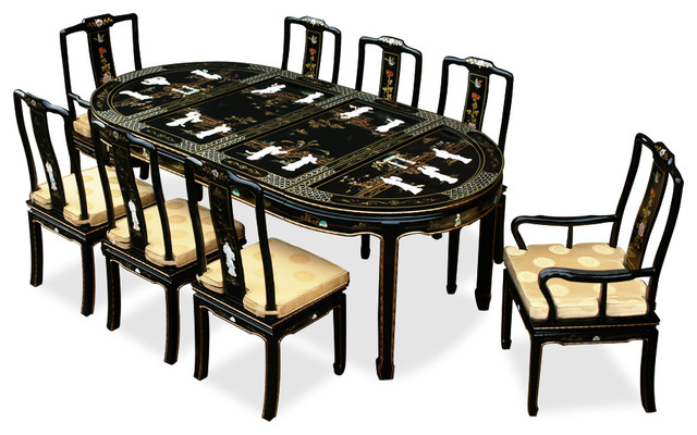 9pc Italian Black Lacquer Dining Room Set