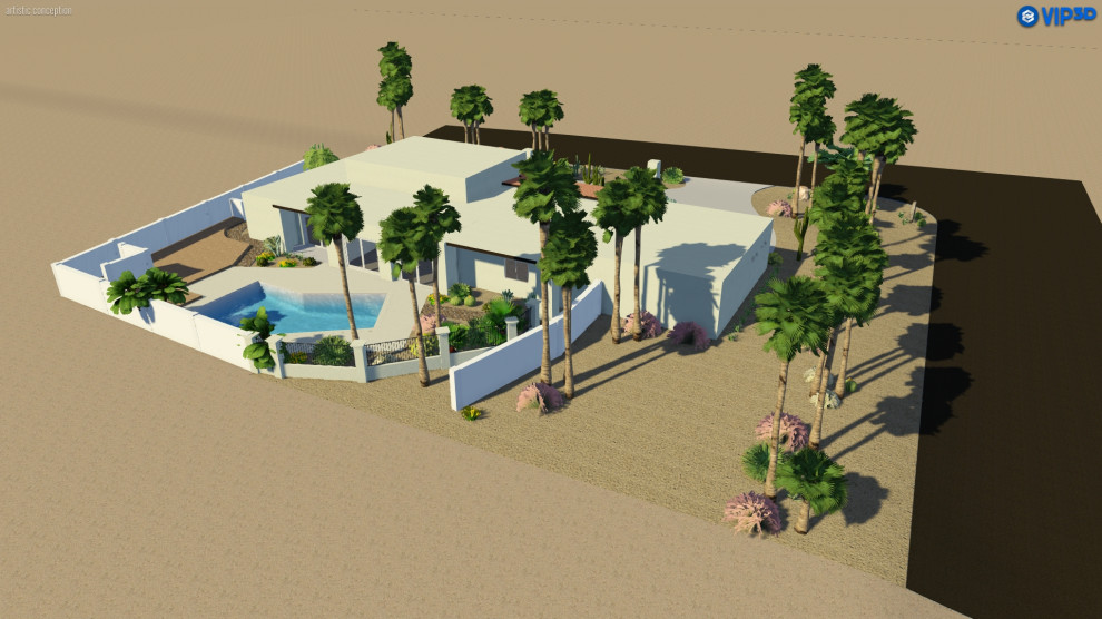 Пример оригинального дизайна: большой солнечный, весенний засухоустойчивый сад на переднем дворе в стиле неоклассика (современная классика) с пустынными растениями, хорошей освещенностью и мощением тротуарной плиткой