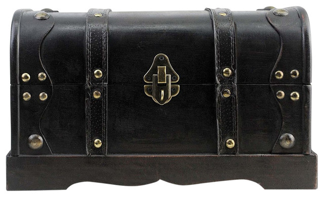 Traditional Treasure Storage Chest, Black Solid Wood With Lock Pirate Design