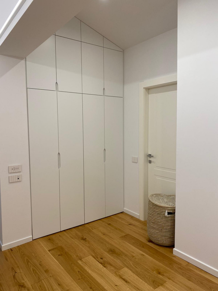 Photo of a mid-sized modern hallway in Other with white walls and laminate floors.