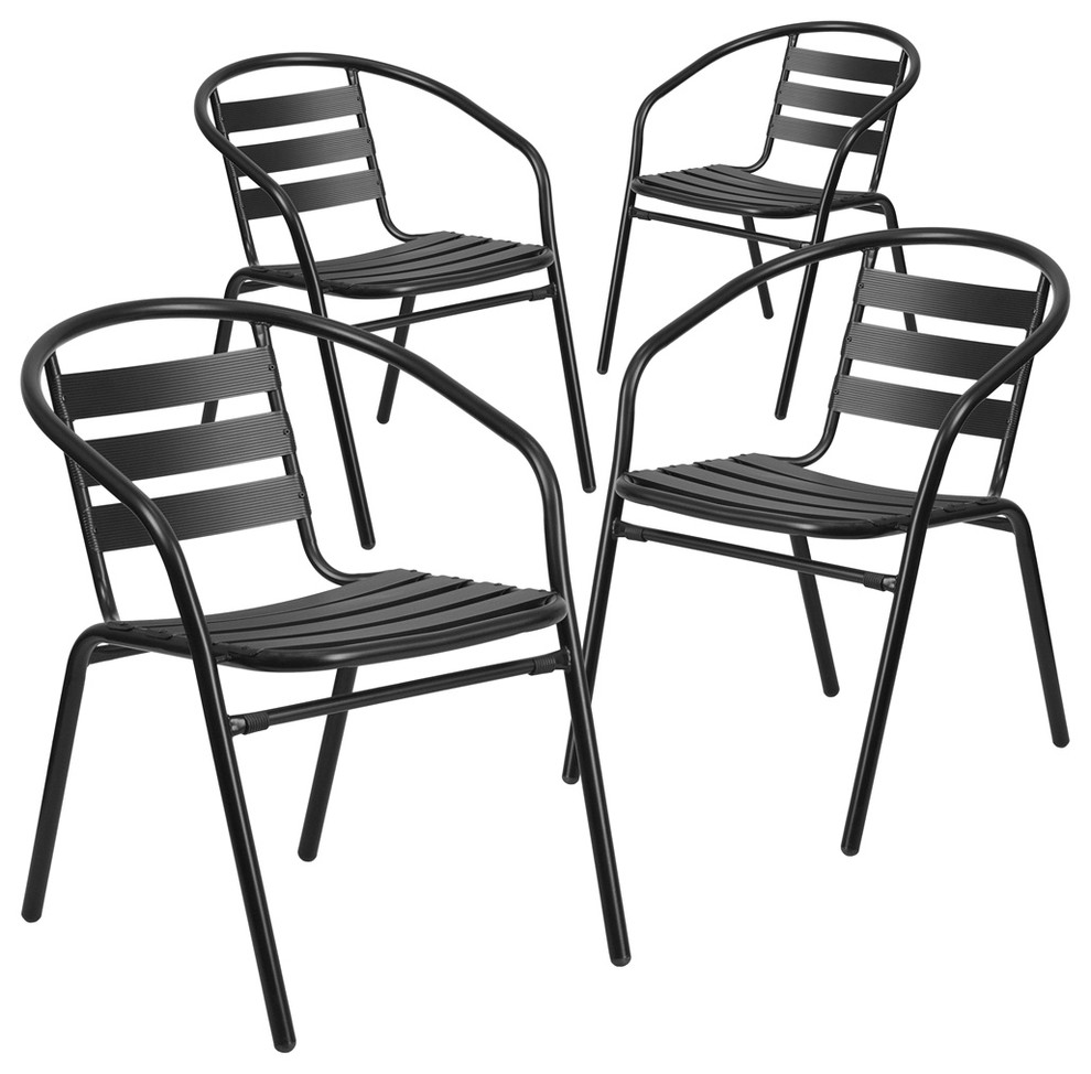 Black Metal Stack Chairs With Aluminum Slats, Set of 4 Contemporary