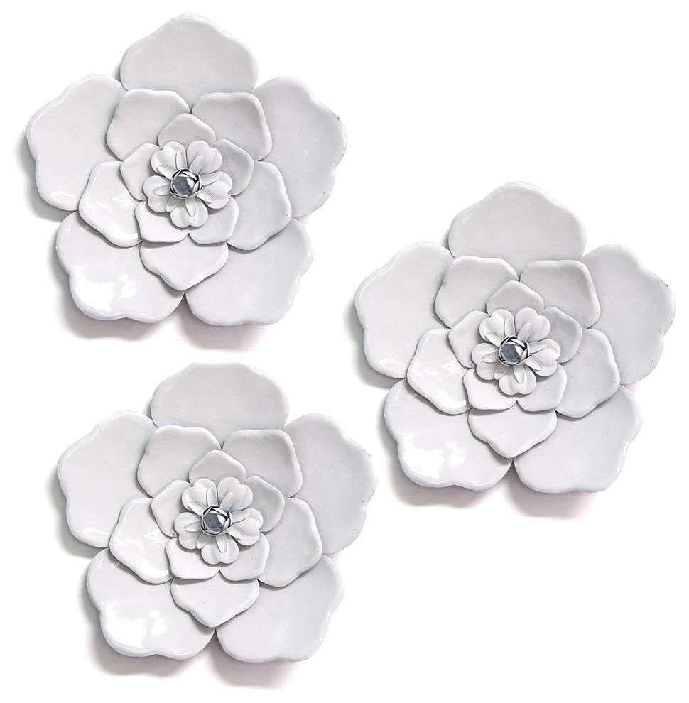 Stratton Home Decor White Metal Wall Flowers, Set of 3 Contemporary