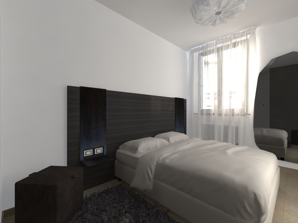 Inspiration for a small contemporary master bedroom in Milan with white walls and panelled walls.