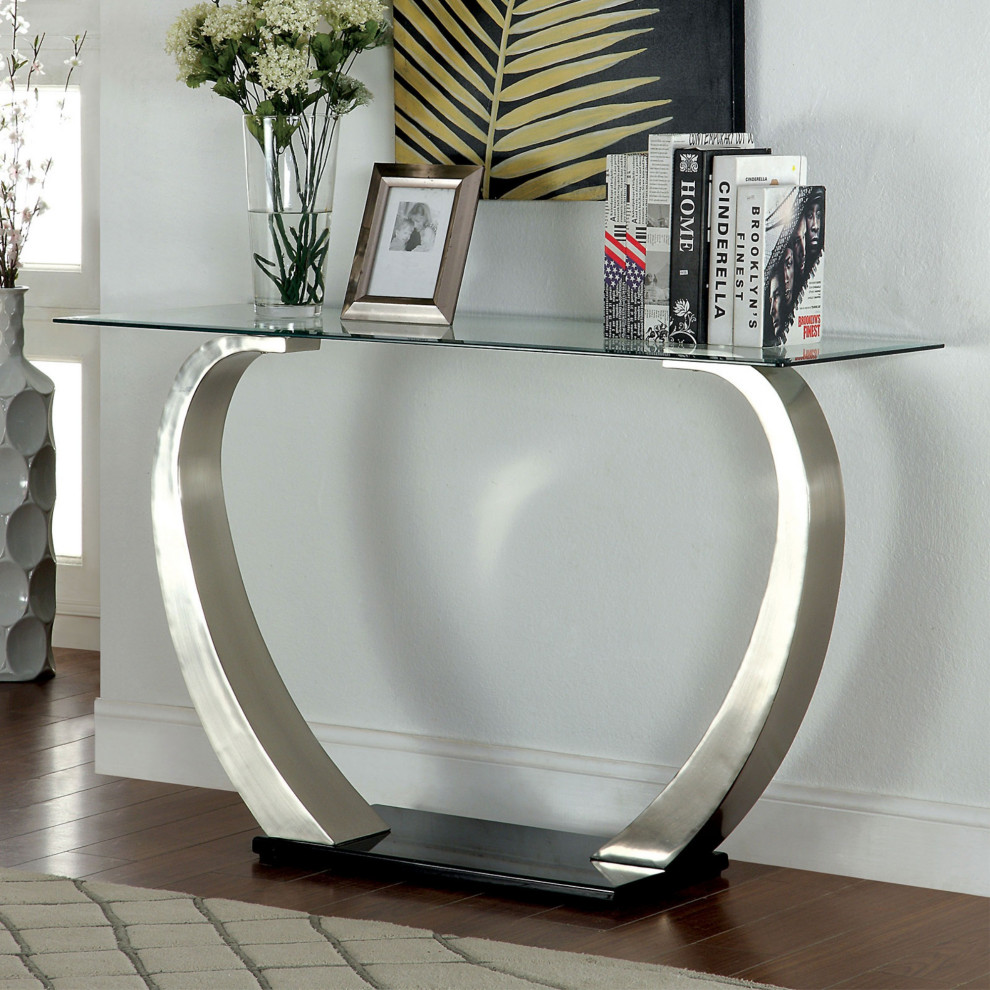 Rectangular Glass Top Sofa Table With Curved Pedestal Base, Black And