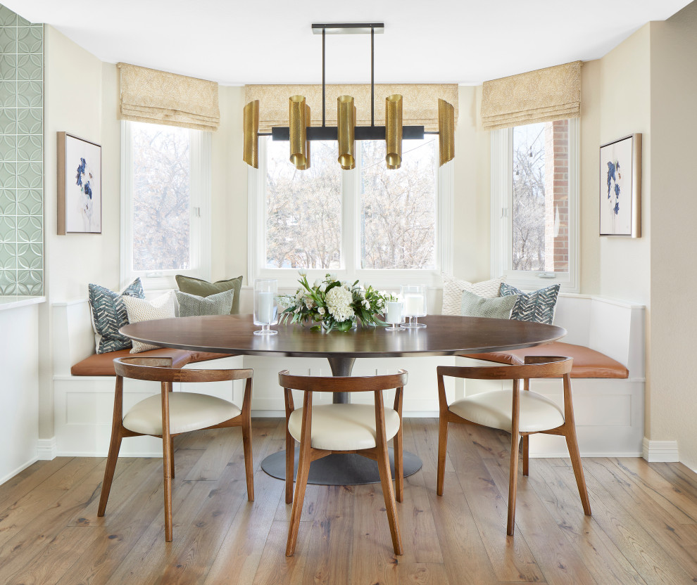 Photo of a mid-sized modern dining room in Denver with white walls, medium hardwood floors and brown floor.