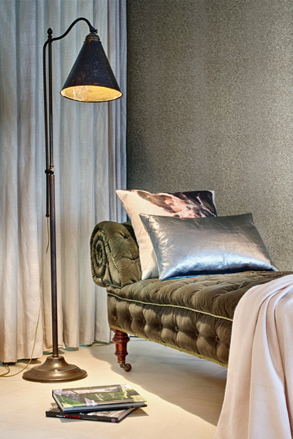 Inspiration for a medium sized bohemian formal enclosed living room in London with beige walls, ceramic flooring, no fireplace and a built-in media unit.