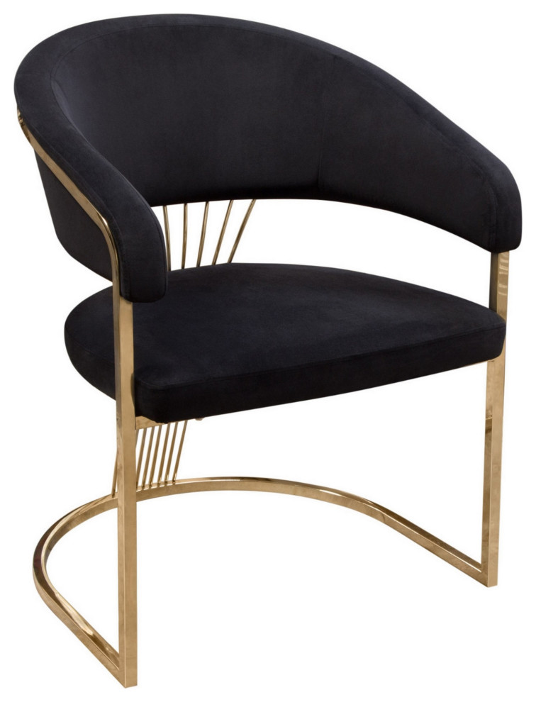 Emy 26" Cantilever Barrel Dining Chair, Black Velvet Upholstery, Gold Contemporary Dining