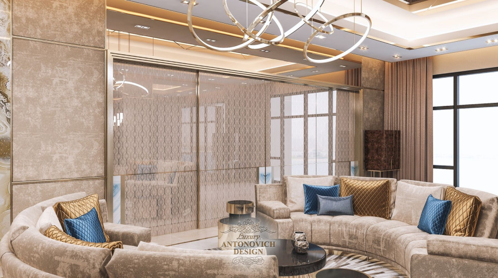 Камень и золото в интерьере гостиной