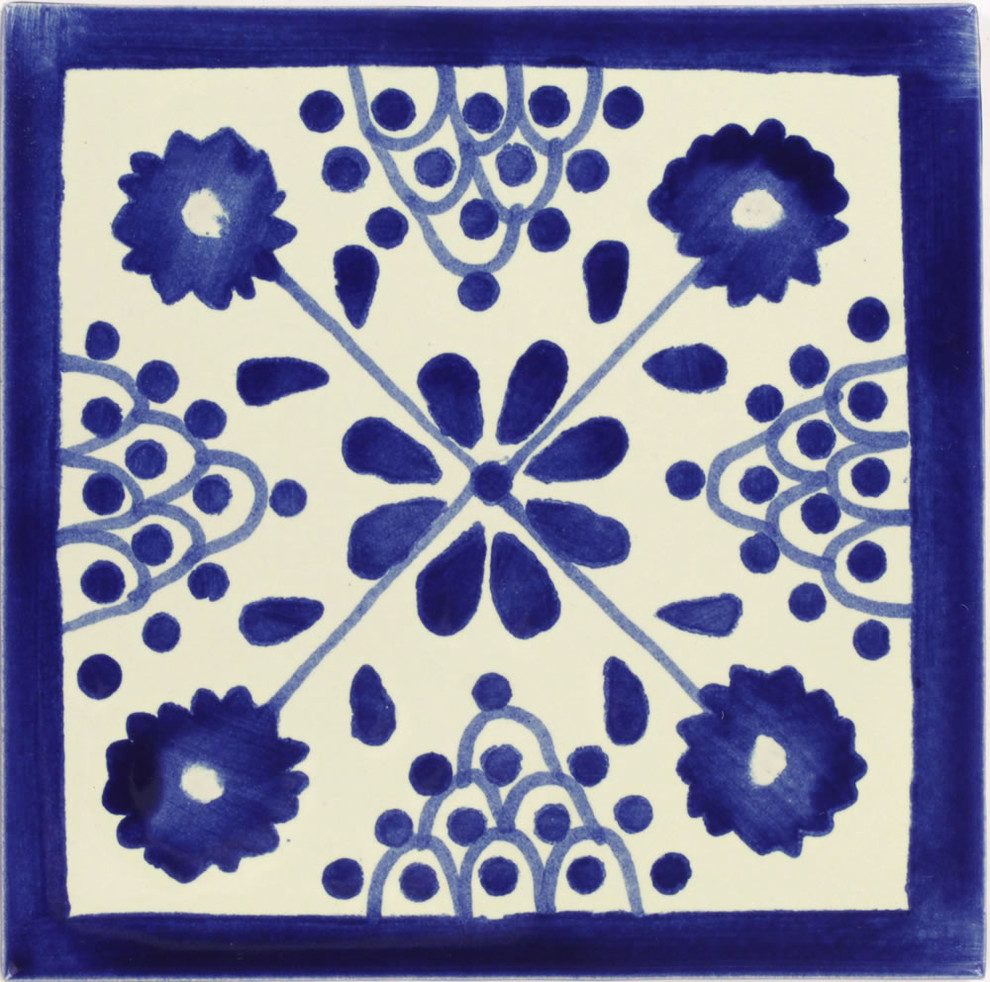 Handmade Tierra y Fuego Ceramic Tile, Blue Damasco, Set of 9