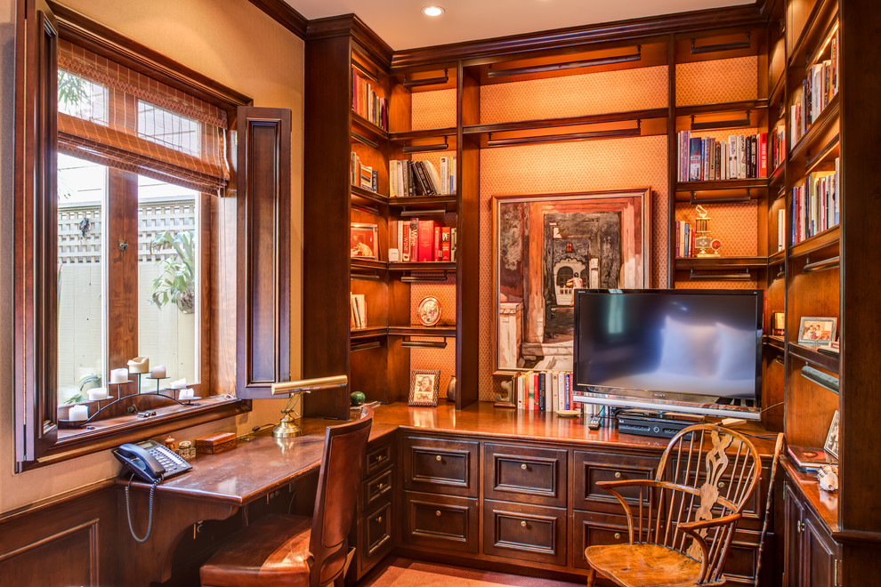 This is an example of a traditional study room in San Francisco with a built-in desk.