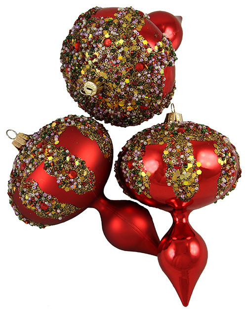 Set of 3 Red Glitter Sequin Beaded Shatterproof Christmas Finial Ornaments 5"