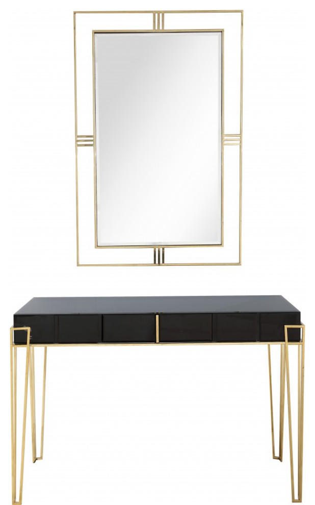 Modern Black and Gold Console Table and Mirror Set Contemporary