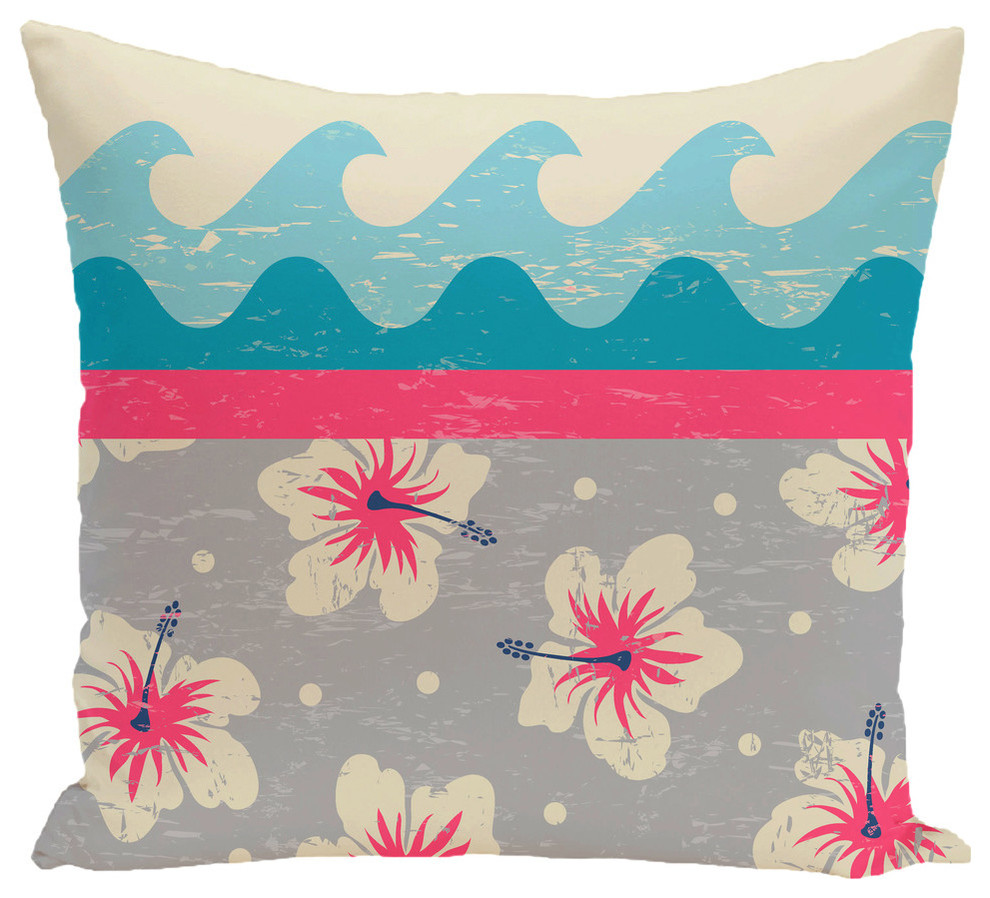 Hang Ten, Floral Print Pillow, Pink, 16"x16"