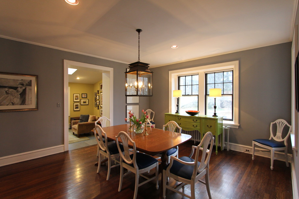 Design ideas for a large eclectic separate dining room in Wilmington with grey walls, dark hardwood floors, no fireplace and brown floor.