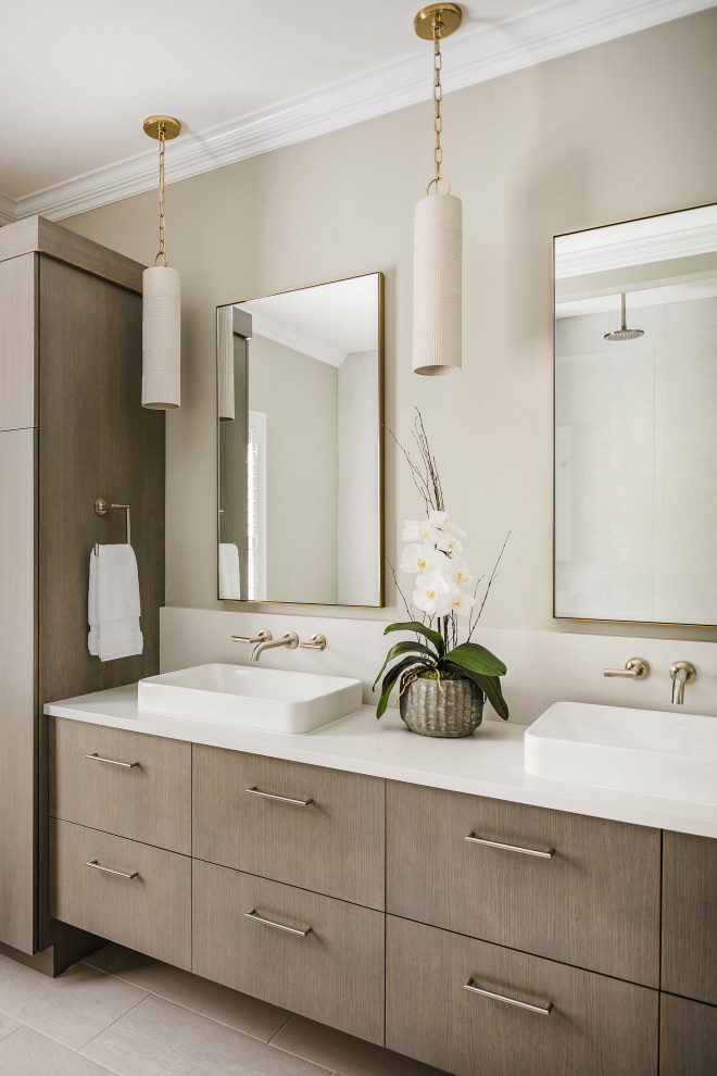 Mid-sized transitional master bathroom in Charlotte with flat-panel cabinets, light wood cabinets, a curbless shower, porcelain tile, porcelain floors, a vessel sink, engineered quartz benchtops, a shower seat, a double vanity and a floating vanity.