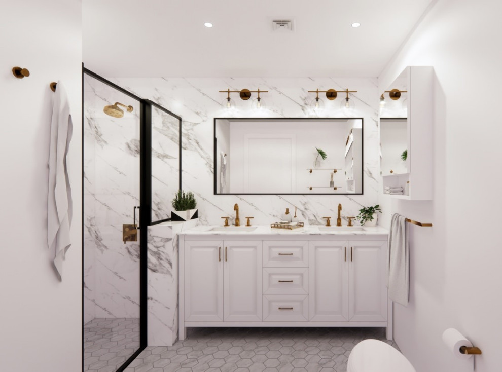 Источник вдохновения для домашнего уюта: ванная комната в стиле модернизм с белыми фасадами, ванной в нише, белой плиткой, белыми стенами, полом из керамогранита, столешницей из искусственного кварца, серым полом, душем с распашными дверями, белой столешницей, нишей, тумбой под две раковины и напольной тумбой