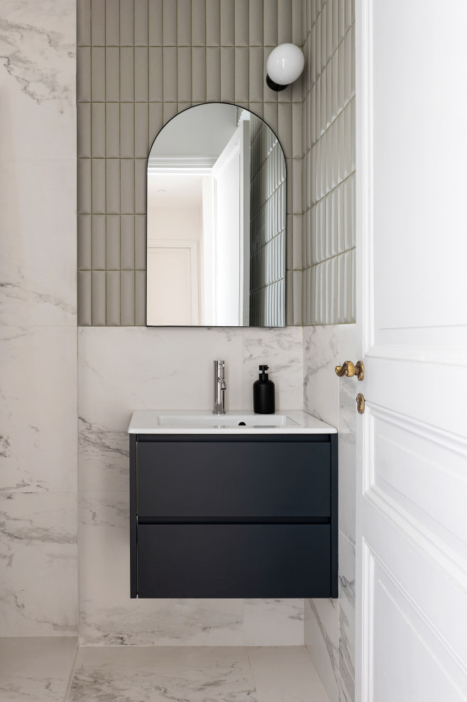 Inspiration for a small classic shower room bathroom in Paris with black cabinets, a built-in shower, grey tiles, ceramic tiles, white walls, ceramic flooring, a console sink, white floors, a single sink and a floating vanity unit.
