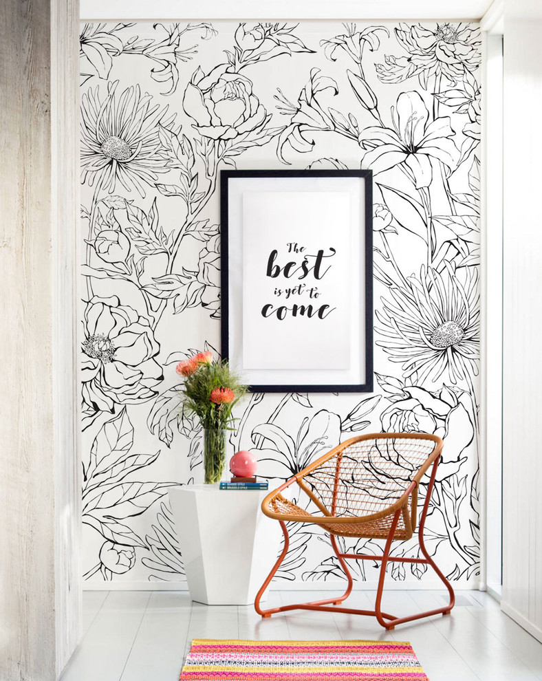 Botanical Garden Hand Drawn Flowers Mural Wall Art Wallpaper, Peel and Stick - Contemporary ...