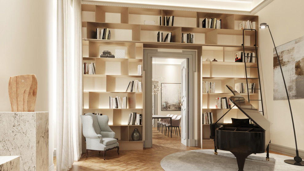 Imagen de biblioteca en casa abierta actual extra grande con paredes beige, suelo de madera clara, casetón y alfombra