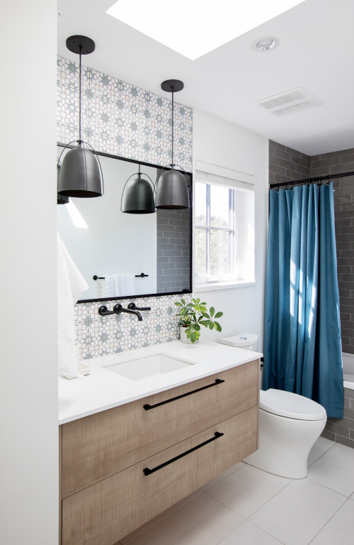 Blue Shower Curtains and Patterned Tile Backsplash