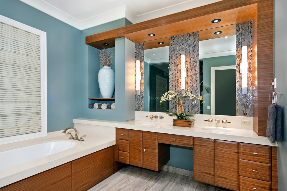 Contemporary bathroom in Chicago with mosaic tile.