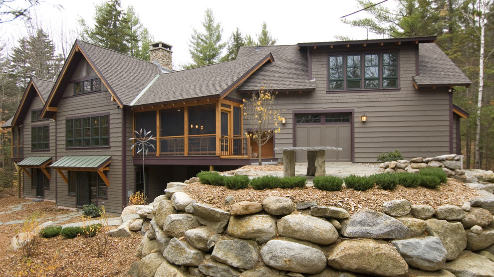 Design ideas for a large country two-storey grey exterior in Boston with wood siding.