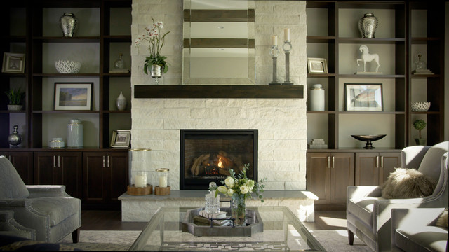 Cozy And Elegant Living Room With White Stone Fireplace