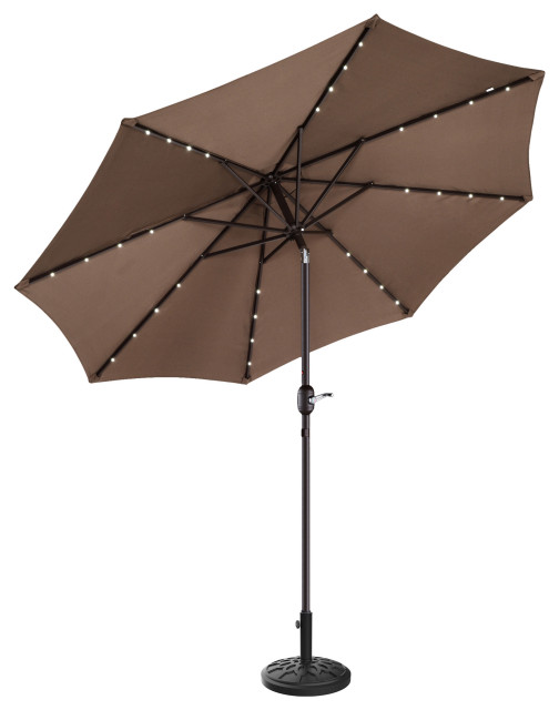 Lighted Patio Shade 9 Ft Solar LED Umbrella Push Button Tilt With 19lbs Base, Brown