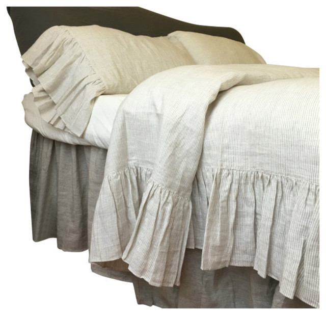 Linen Ticking Striped Bedding With Mermaid Long Ruffles