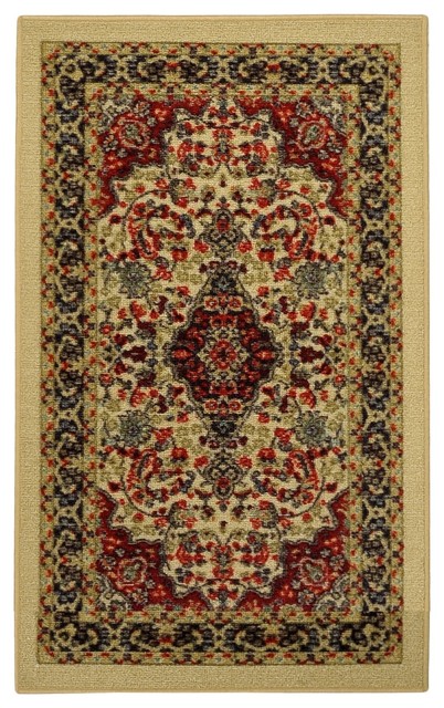 Rubber Back Ivory Traditional Floral Non-Slip Door Mat Rug (1'6 x 2'6)