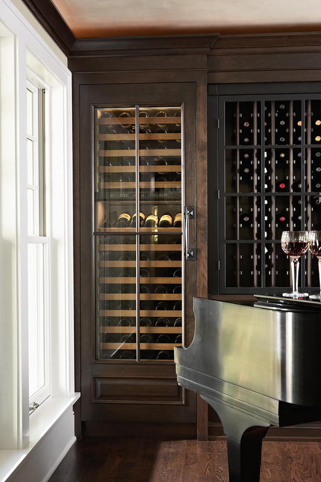 Design ideas for a mid-sized traditional wine cellar in Minneapolis with dark hardwood floors and display racks.