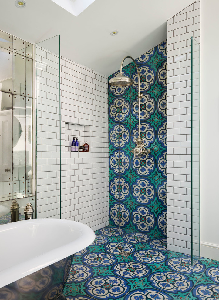 Inspiration for a traditional master bathroom in London with multi-coloured tile, an open shower, turquoise floor and an open shower.