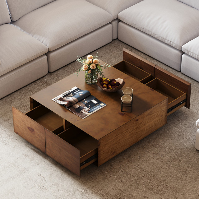 Japandi Square Coffee Table With 4 Drawers Storage Wooden Pedestal ...
