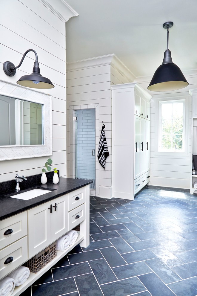 Design ideas for an expansive country master bathroom in Atlanta with shaker cabinets, white cabinets, a one-piece toilet, black tile, stone tile, white walls, slate floors, an undermount sink and granite benchtops.
