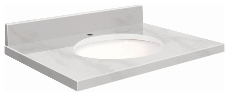Natural Marble 25"x22" Vanity Top, Single Faucet Hole, White Carrara, White Bowl
