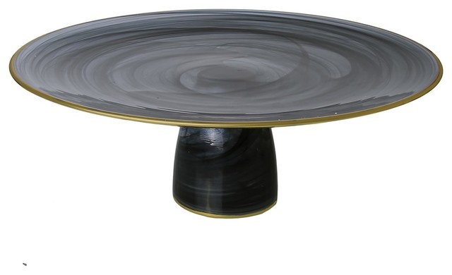 Classic Touch Black Alabaster Cake Plate on Stem with Gold Rim