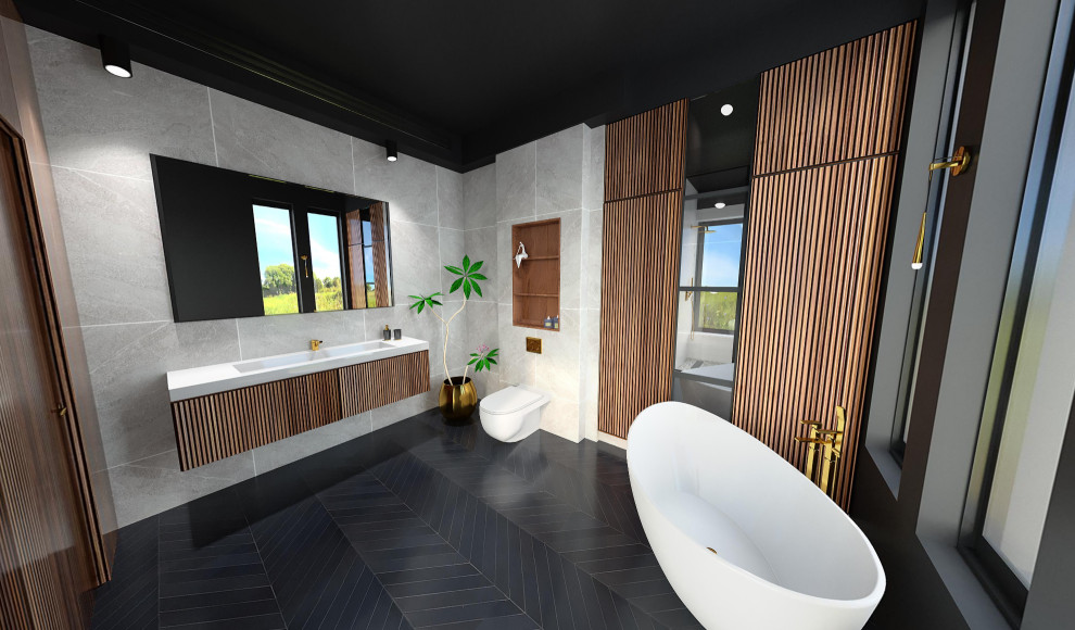 Exemple d'une grande douche en alcôve principale asiatique en bois brun avec un placard à porte persienne, une baignoire indépendante, WC suspendus, un carrelage gris, des carreaux de béton, un mur noir, un sol en carrelage de céramique, un lavabo intégré, un plan de toilette en quartz modifié, un sol noir, une cabine de douche à porte battante, un plan de toilette blanc, buanderie, meuble simple vasque et meuble-lavabo suspendu.