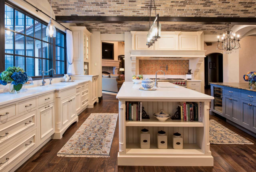 Mountain style kitchen photo in Minneapolis with two islands