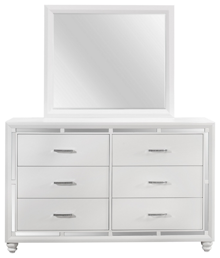 White Dresser With Mirror Trim Accent 6 Drawers Contemporary