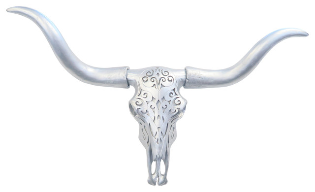 Faux Large Carved Texas Longhorn Wall Decor Metallic Silver Southwestern Sculptures By Near And Deer - Longhorn Wall Decor Faux Large Carved Texas Longhorn Wall Decor Metallic Silver Southwestern Sculptures By Near And Deer - Longhorn Wall Decor