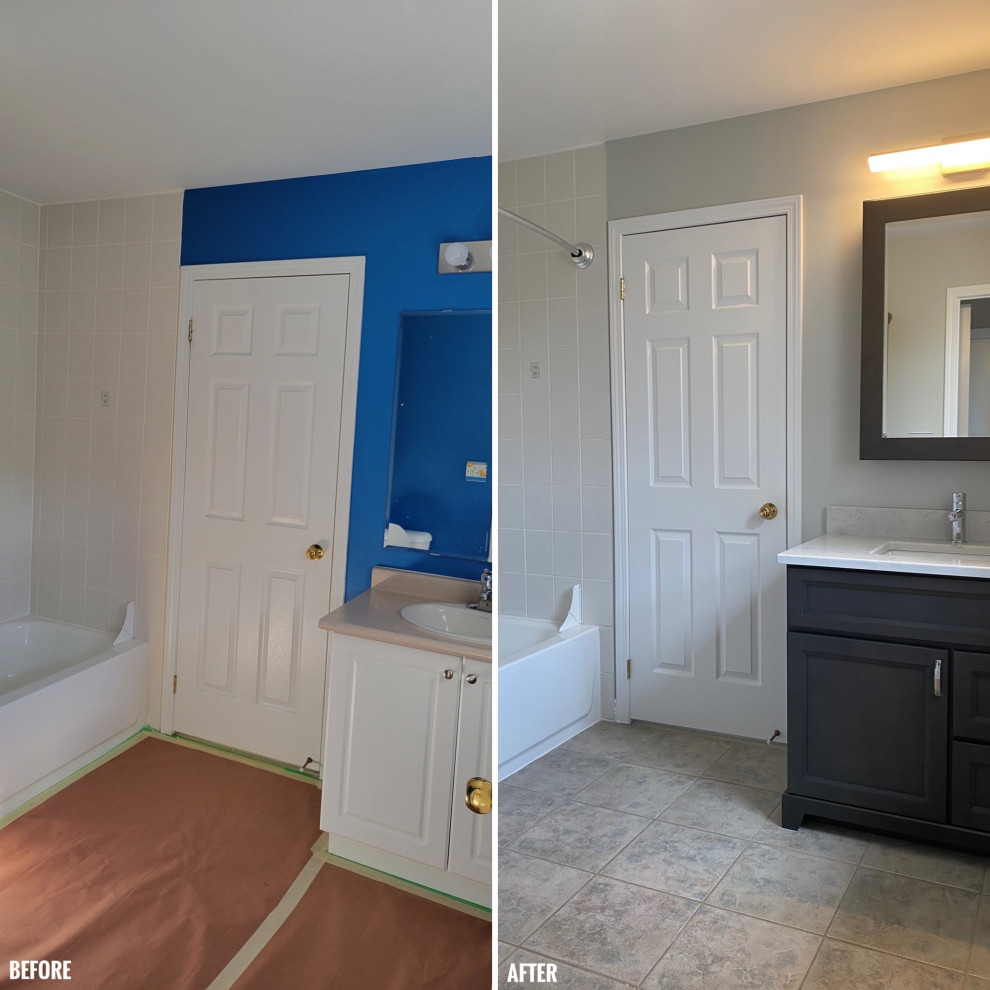 Transitional 3/4 porcelain tile, gray floor and single-sink bathroom photo with recessed-panel cabinets, a one-piece toilet, gray walls, an undermount sink, quartzite countertops, white countertops and a built-in vanity