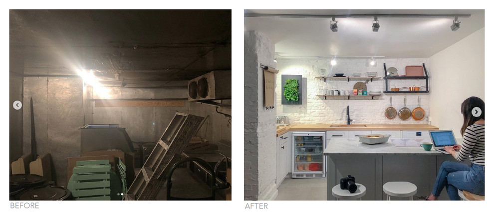 Small industrial kitchen in Other with an undermount sink, shaker cabinets, white cabinets, marble benchtops, white splashback, brick splashback, white appliances, concrete floors, a peninsula, grey floor and white benchtop.