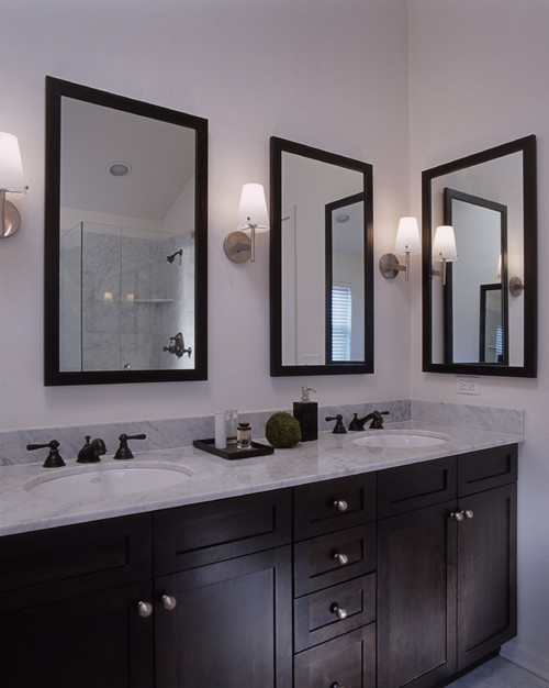 Dark Maple Bathroom Vanity Cabinet White Countertops