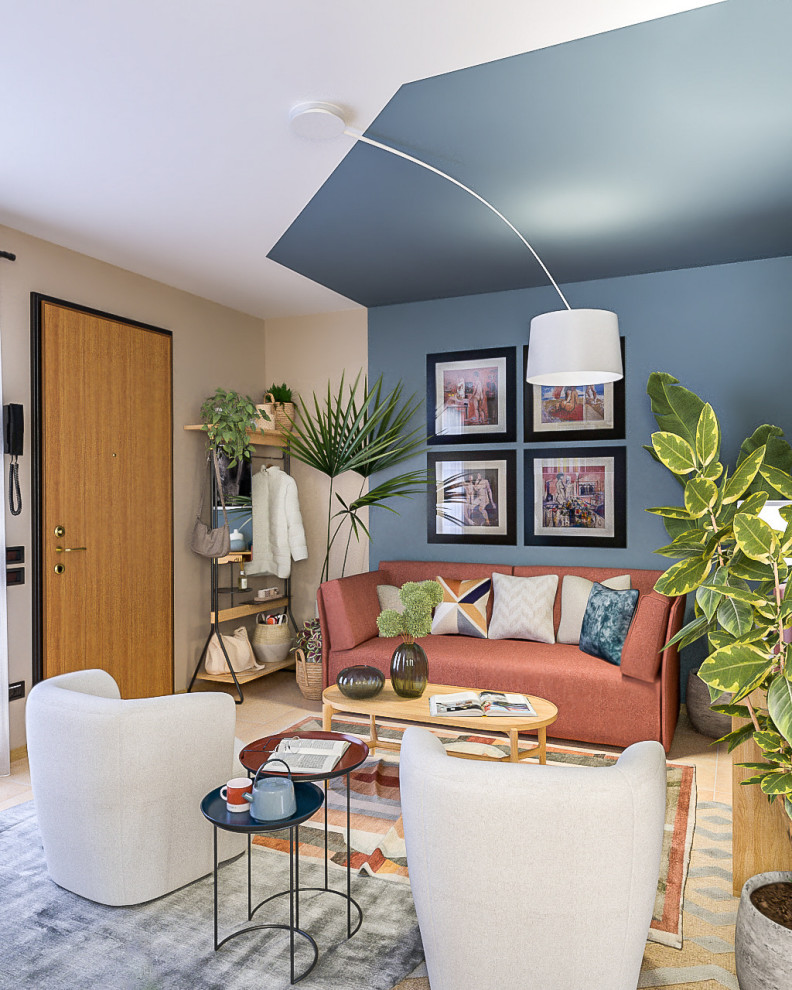 Пример оригинального дизайна: открытая гостиная комната среднего размера в современном стиле с разноцветными стенами, полом из керамогранита, стандартным камином, фасадом камина из каменной кладки, телевизором на стене и бежевым полом