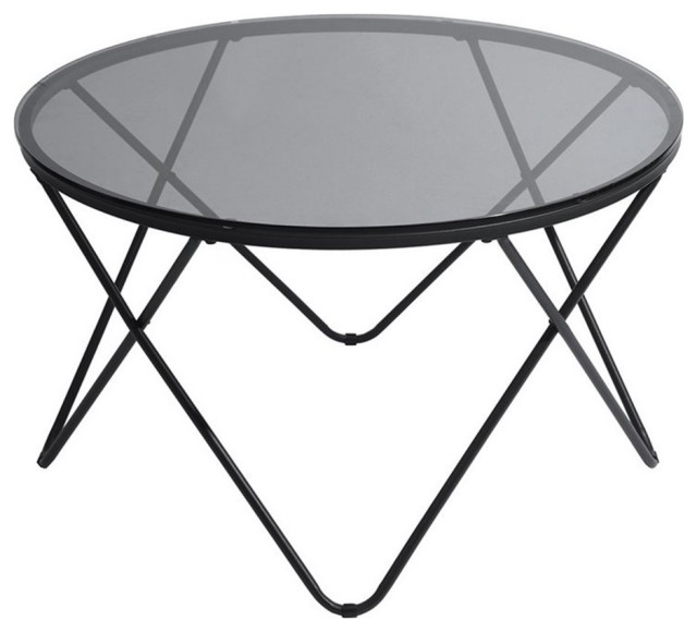 FurnitureR Canales 31" Round Glass & Metal Coffee Table with Cross Legs in Black Midcentury