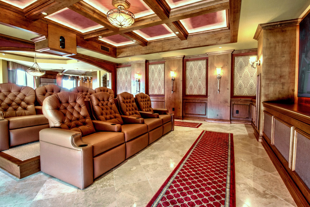 Photo of a large traditional open concept home theatre in Tampa with travertine floors, a projector screen and multi-coloured walls.