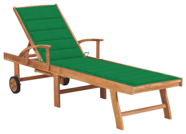 Vidaxl Sun Lounger With Green Cushion Solid Teak Wood