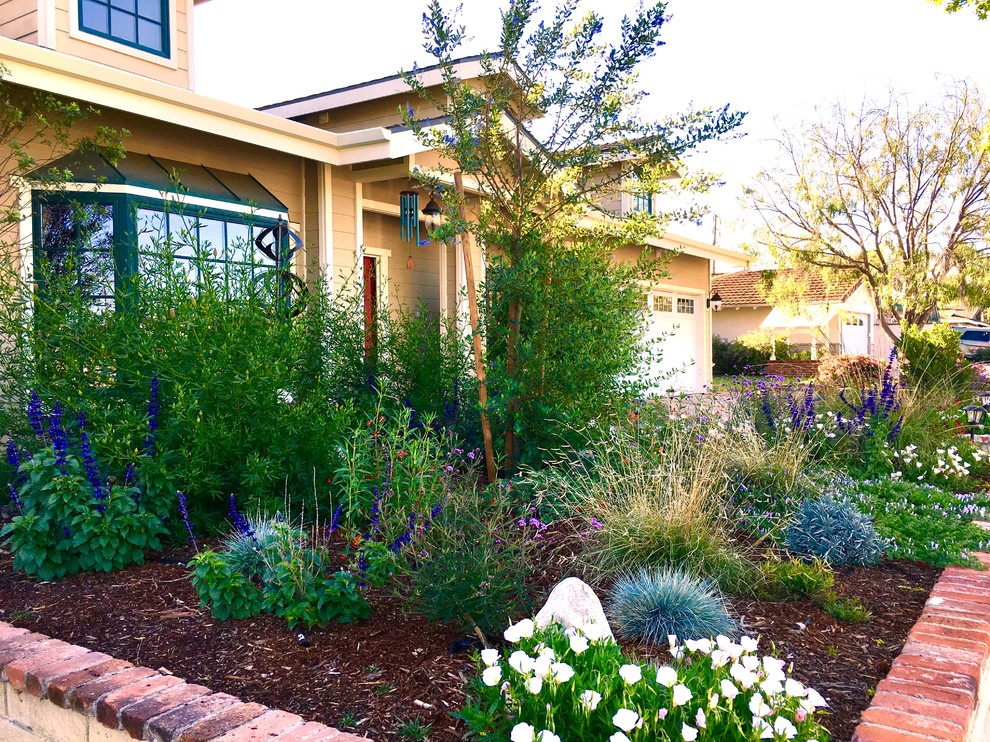 Photo of a mid-sized traditional front yard full sun xeriscape for summer in Orange County with mulch and with flowerbed.