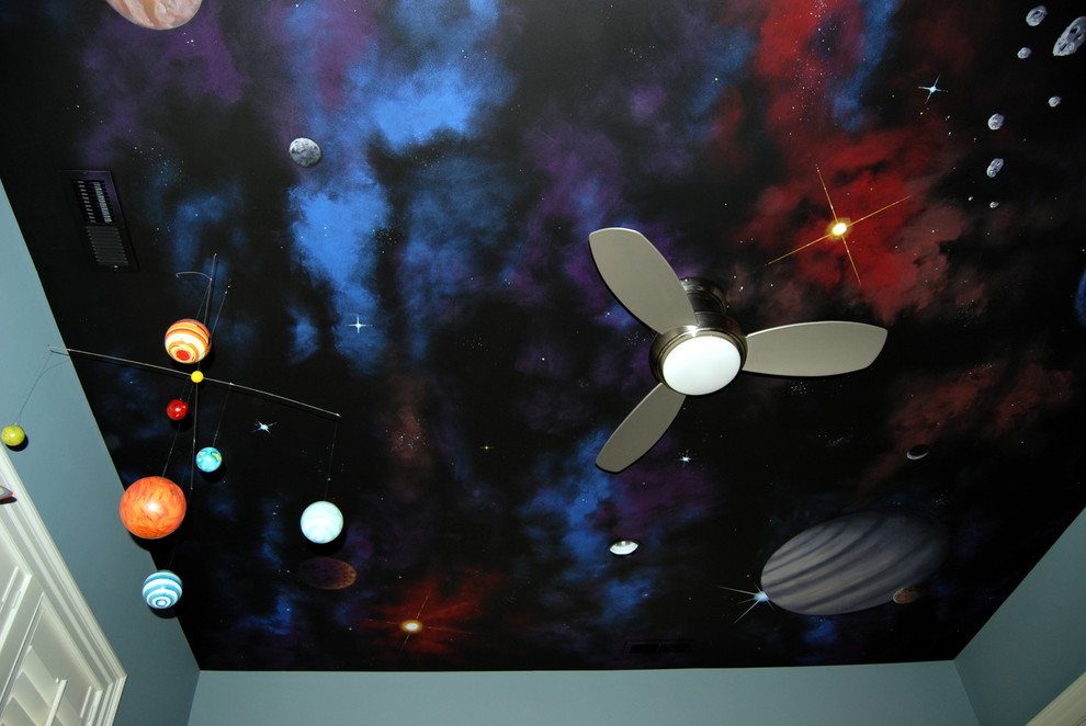 Space Night Sky Ceiling Mural in a kids bedroom by Tom Taylor of