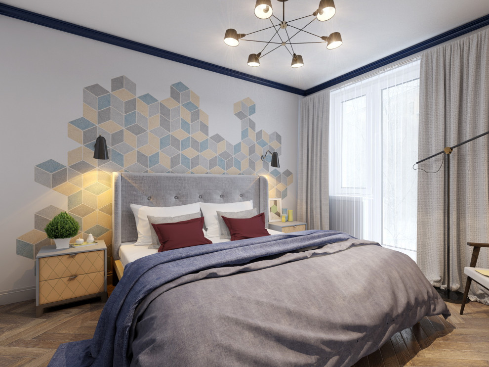 Спальня с синими карнизами и пробковым панно за изголовьем